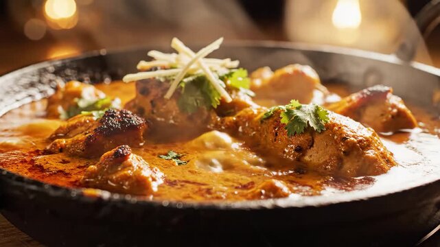 Close-up of chicken curry in a rustic bowl, garnished with herbs