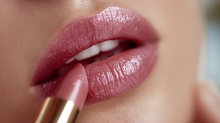 Naklejka premium Woman applying pink shimmery lipstick on her lips