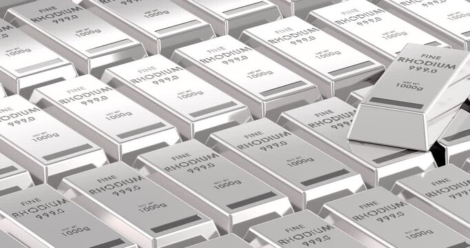 Rhodium bullion bars background animation with camera flyover. 3D rendering