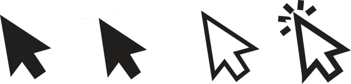 Minimalist mouse cursor icon set, black and white computer arrow pointers, digital navigation clicker symbols for web interface design