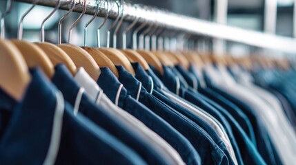 Fototapeta premium Clean Workwear on Hangers in a Navy and White Setting With a Focus on Laundry Services and Uniform Cleaning Space for Businesses