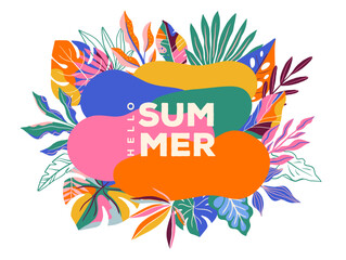 Obraz premium Exotic summer background with colorful jungle leaves. Modern tropical banner and poster vector template.