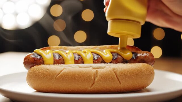 Close-up of mustard being applied to grilled sausage on bun