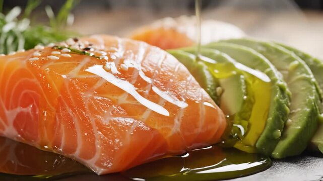 Close-up of grilled salmon fillet with sliced avocado