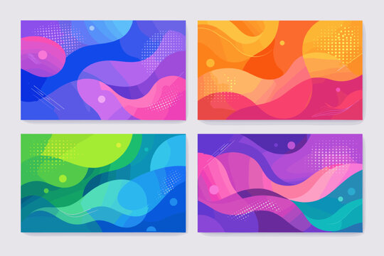 Set of four modern abstract posters featuring fluid wavy shapes, vibrant color gradients, and halftone patterns. Ideal for corporate identity, web design, presentations, and creative backgrounds.