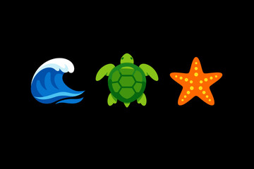 Obraz premium Set of three vibrant marine-themed vector icons featuring a stylized blue ocean wave, a green sea turtle with a detailed shell, and a bright orange starfish, isolated on a black background.