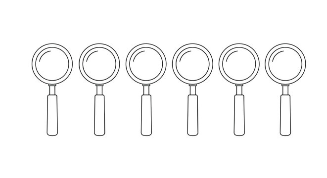 A linear arrangement of six identical black and white magnifying glasses displayed on a white background