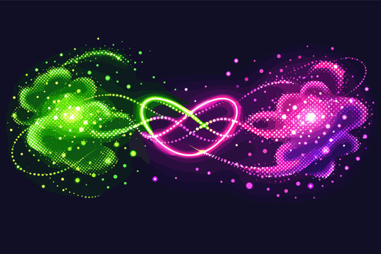 Abstract vector illustration of quantum entanglement with glowing neon green and pink dotted particles, representing subatomic connection, physics concepts, energy flow, and digital technology.