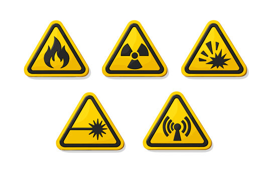 Set of 3D yellow triangular hazard warning signs with industrial safety symbols for flammable fire, radioactive radiation, explosive blast, laser beam, and non-ionizing radiation signal icons.