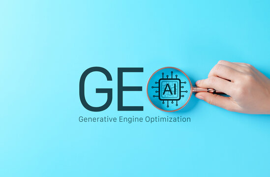 GEO Generative Engine Optimization concept. Hand holding magnifying glass over AI search text, symbolizing content visibility, machine-driven discovery, digital strategy, search innovation, marketing,