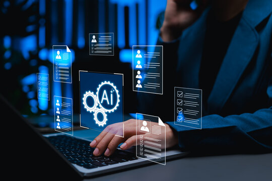 AI recruitment concept. Digital resumes and checklists above a laptop, showing automated candidate screening, talent evaluation, hiring workflow, HR analytics, smart staffing support, resume profiles,