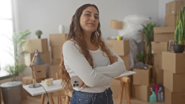 Woman with box and arms crossed holding smartphone inside building amid stacked moving boxes and bubblewrap; new home confidence.