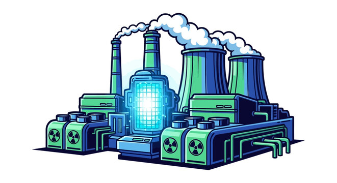 Industrial factory with smokestacks and reactors.