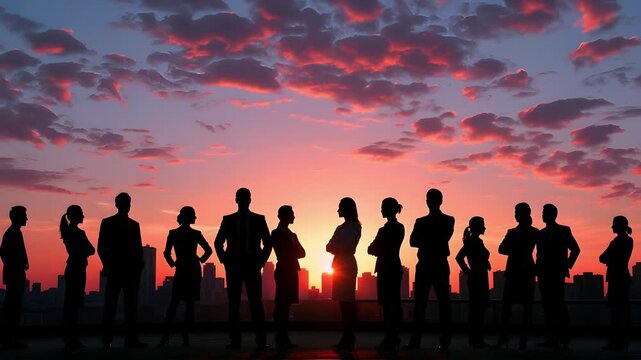夕焼けのタイムラプス背景、ビジネスマングループのシルエット