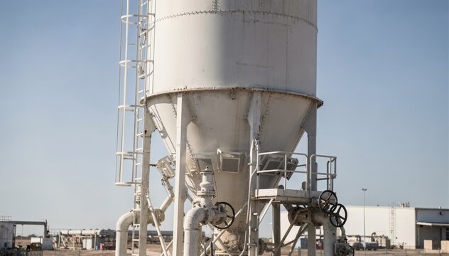 Medium shot of a tall hydrated lime silo featuring aeration pads and multiple discharge valves highlighting industrial design against a clear sky.