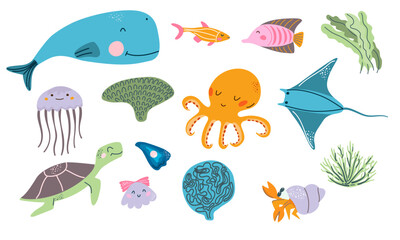Fototapeta premium Sea animal set with whale, turtle, fish and octopus characters. Underwater plants. Cute ocean life icons for nursery decor, baby stickers, or kid design.