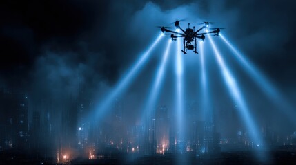 Naklejka premium Surveillance Drone Operates in Dark Urban Area Using Blue Sensor Beams for Monitoring and Data Collection in Modern City Environments