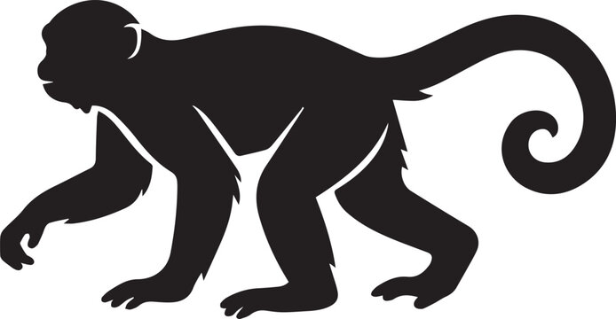 Black silhouette of a spider monkey walking on all fours with silhouette wildlife creature predator aggressive illustration