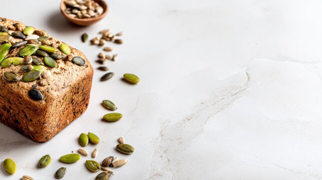 Gluten-free Bakery Scene With Fresh Loaf and Seeds on White Surface With Empty Space for Text or Branding