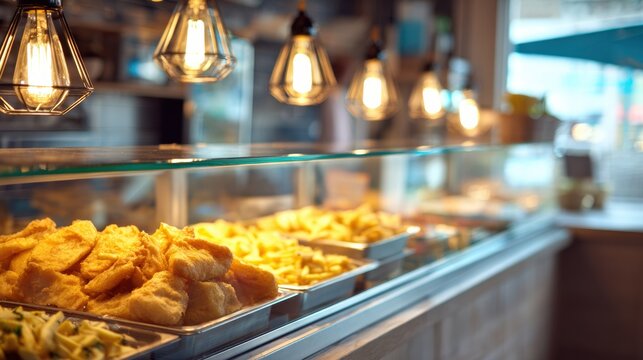 Bright Fish and Chips Shop With Warm Colors and a Wide View of Crispy Seafood and Empty Space for Text