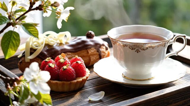 Two gourmet pastries consisting of a chocolate eclair and a raspberry tart with gold leaf, served with a steaming cup of tea on a wooden tray among white spring blossoms.
