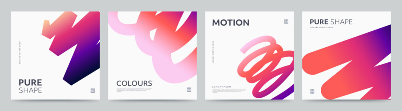 Modern abstract square poster set with dynamic gradient shapes in vibrant colors. Minimal banner design with fluid forms and smooth color transitions. Ideal for branding, presentations, social media