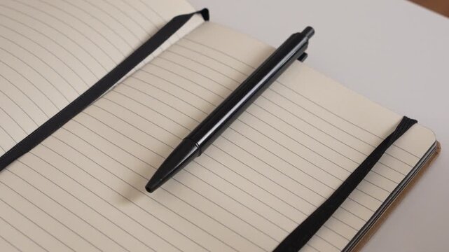 Side view of open blank notebook with pen on desk, minimal office workspace, clean composition for writing, planning and productivity concept.
