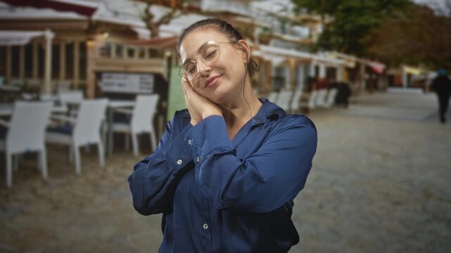 Woman resting hands against cheek in sleeping gesture on a street cafe promenade with tables and chairs; serenity contentment.