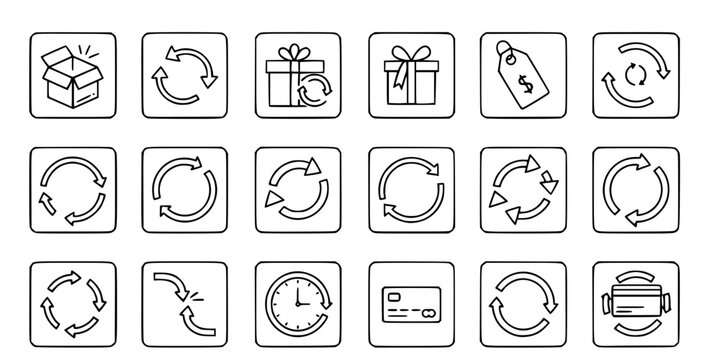 Return Policy and Circular Arrow Vector Icon Set Minimalist Line Art 16 Grid