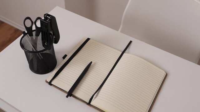 Side view of office desk with organizer, scissors, stapler and notebook, minimal workspace setup, clean business and stationery concept.
