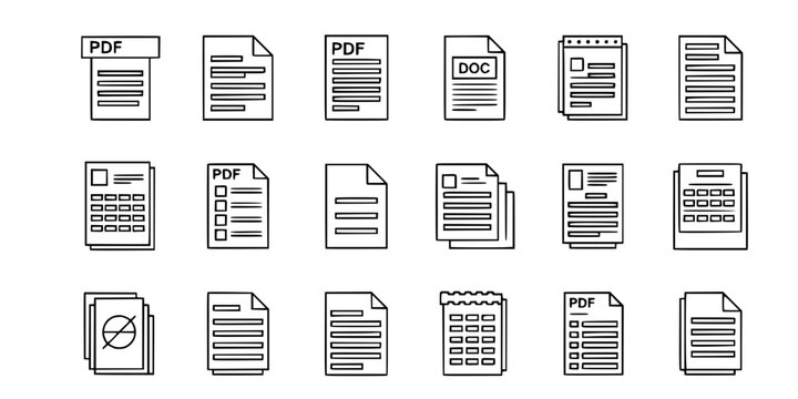 PDF DOC and Spreadsheet Vector Icon Set Minimalist Line Art 16 Grid