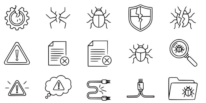Code Bug and Error Reporting Vector Icon Set Minimalist Line Art 9 Grid