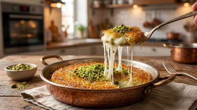 A spoon lifts a piece of hot, cheesy kunafa drizzled with pistachios from a copper pan.