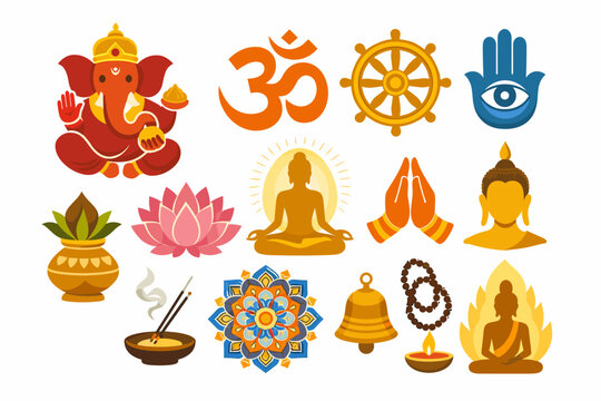Set of Hindu and Buddhist Spiritual Symbols Featuring Lord Ganesha, Om Sign, Dharma Wheel, Lotus Flower, Meditating Buddha, Hamsa Hand, Mandala, Kalash, Prayer Beads, and Traditional Ritual Icons