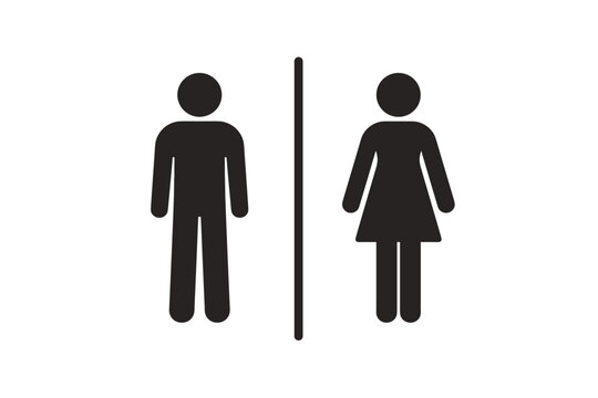 Restroom signs for men and women. Black and white toilet symbols for bathroom doors. Minimalist flat vector illustration of male and female icons separated by a line for public washroom facilities.