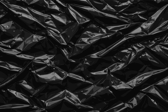 Black crumpled plastic bag texture background material, simple flat vector illustration of wrinkled dark polyethylene film surface with shiny highlights and shadows for graphic design projects.