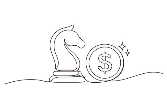 Continuous Line Drawing of a Chess Knight Piece and a Dollar Coin Symbolizing Strategic Investment, Business Strategy, Financial Planning, and Wealth Management in a Minimalist Vector Style.