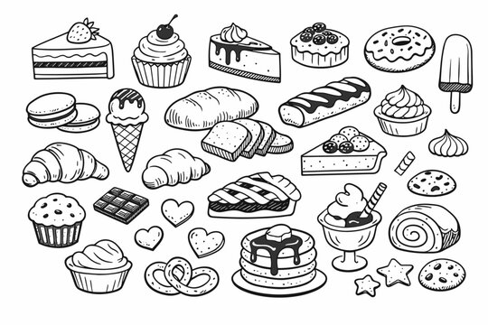 Hand-drawn vector illustration of various desserts and bakery items including cakes, cupcakes, donuts, ice cream, bread, cookies, and pastries in a simple black and white doodle sketch style.