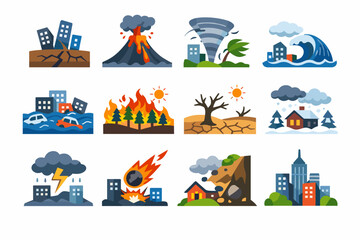 Fototapeta na wymiar Set of Flat Vector Icons Depicting Natural Disasters and Urban Environments Including Earthquake, Volcanic Eruption, Tornado, Tsunami, Flood, Wildfire, Drought, Blizzard, Meteor, and Landslide