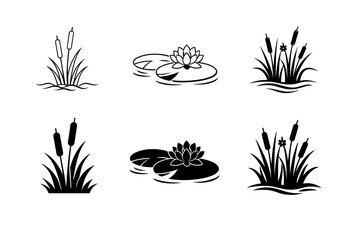 Obraz premium Set of black aquatic plant icons featuring cattails, bulrushes, lily pads with lotus flowers, and marsh vegetation in minimalist outline and solid silhouette styles for nature, pond, and lake design.