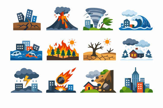 Set of Flat Vector Icons Depicting Natural Disasters and Urban Environments Including Earthquake, Volcanic Eruption, Tornado, Tsunami, Flood, Wildfire, Drought, Blizzard, Meteor, and Landslide
