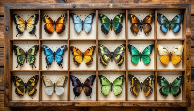 Collection of colorful butterfly specimens arranged in a wooden display box