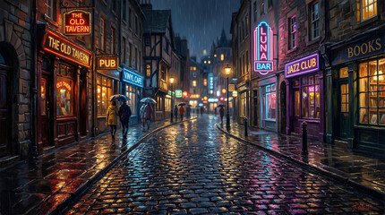 Fototapeta premium People with umbrellas walk down a wet, cobblestone street illuminated by neon signs at night.