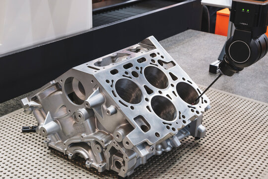 Coordinate measuring machine probe measure cylinder block of diesel engine repair.  cylinder block, Car engine cylinder heads. Industry car service concept