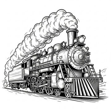 A black and white illustration of a vintage steam train traveling along a track