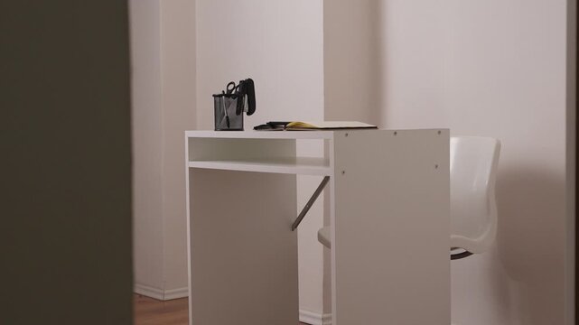 Minimal empty desk with office setup, clean workspace background with simple modern style, business environment and productivity concept.
