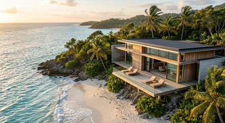 Fototapeta premium Modern Beach House with Turquoise Ocean Drone View