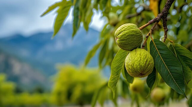 A vibrant close-up of green, round fruit clusters hanging on a tree branch, with detailed leaves and a blurred mountain background