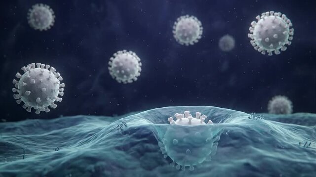 Cinematic 3D macro animation of a virus pathogen infecting and penetrating a human cell membrane