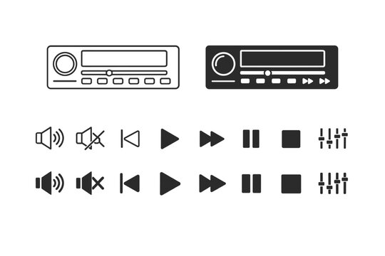 Car radio icon set with audio player panels in line and solid styles. Media control buttons including play, pause, stop, fast forward, rewind, volume, mute, and equalizer for dashboard design.